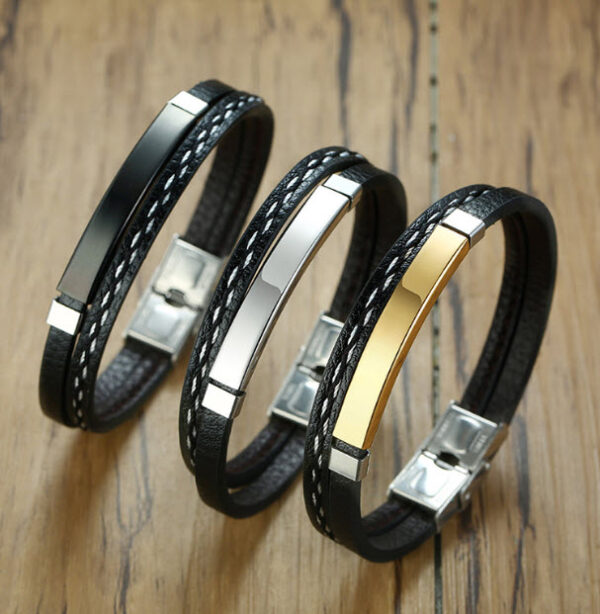 Unisex European Style Stainless Steel Leather Bracelet - Image 2