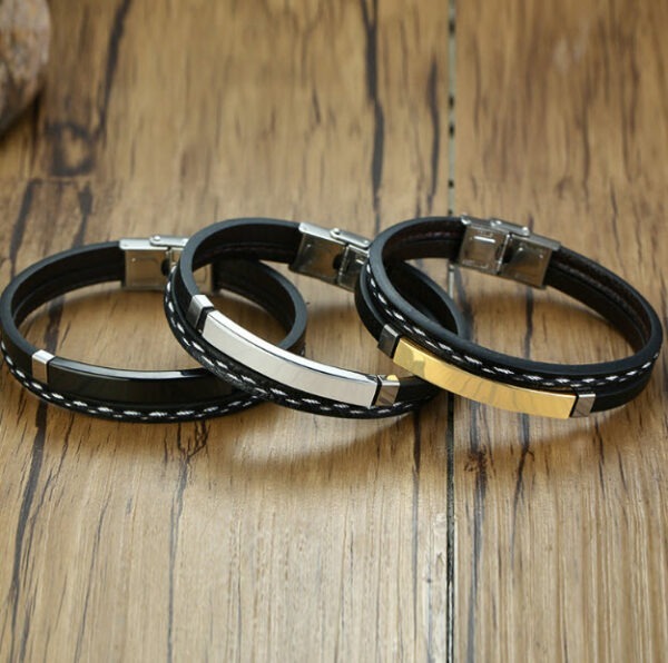 Unisex European Style Stainless Steel Leather Bracelet - Image 3