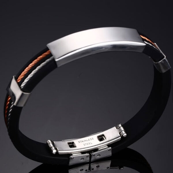 Unisex Stainless Steel Silver & Rose Leather Bracelet - Image 2