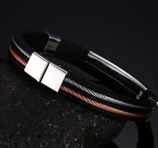 Unisex Stainless Steel Silver & Rose Leather Bracelet - Image 4